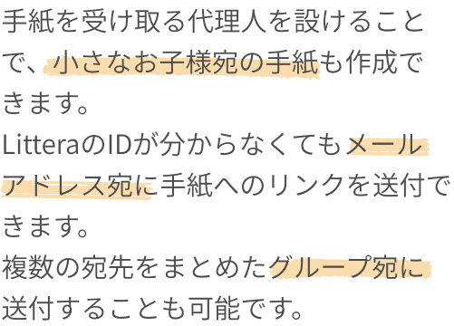 代理人の設定やメールアドレス宛の送信など、誰にでも手紙を送れることの説明テキスト